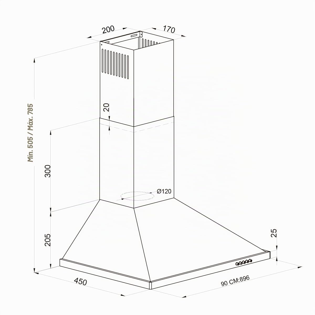 INFINITON CMPP-RU92 - Campana de extracción rústica, Ancho 90cm, 500m3/h de extracción, 3 velocidades, Luz LED