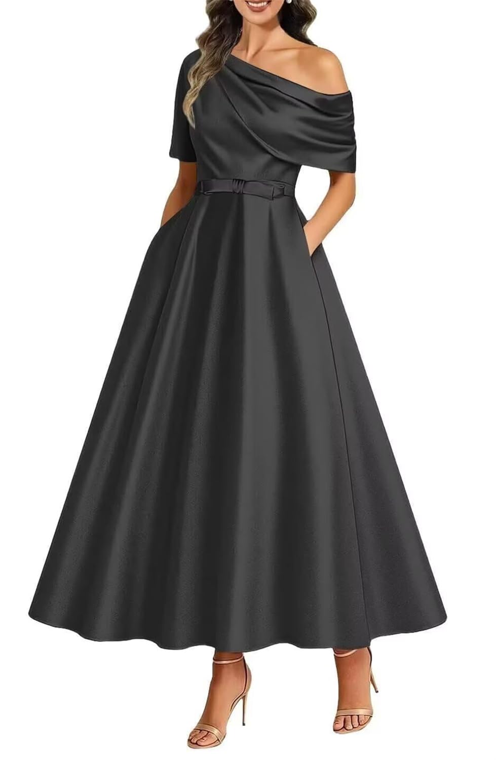 KIYNE Black Satin Mother of the Bride Dresses with Pockets Tea Length Formal Dress A Line Wedding Guest Party Gown UK16