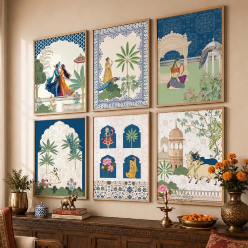Image of KOTART Framed Wall Painting for Home Room Bedroom Office Wall Decor | Traditional Indian Wall Art Madhubani Paintings for Living Room | Pichwai Art Painting for Wall Decoration | Wall Poster With frames | Wall Paintings For Home Decoration | Indian Wall Art Home Decor Frames | set of 6 (C, 13x17 inch)