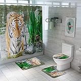 Enhome 4-teiliges Badvorleger-Set Duschmatte + Kontur Matte + WC-Deckelbezug + Duschvorhang, rutschfeste Badvorleger für Küche, Dusche & Toilette - Tierwelt 3D-Druck (Tiger)