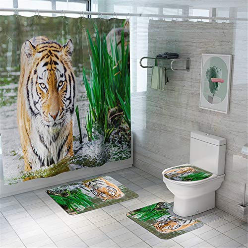 Enhome 4-teiliges Badvorleger-Set Duschmatte + Kontur Matte + WC-Deckelbezug + Duschvorhang, rutschfeste Badvorleger für Küche, Dusche & Toilette - Tierwelt 3D-Druck (Tiger)