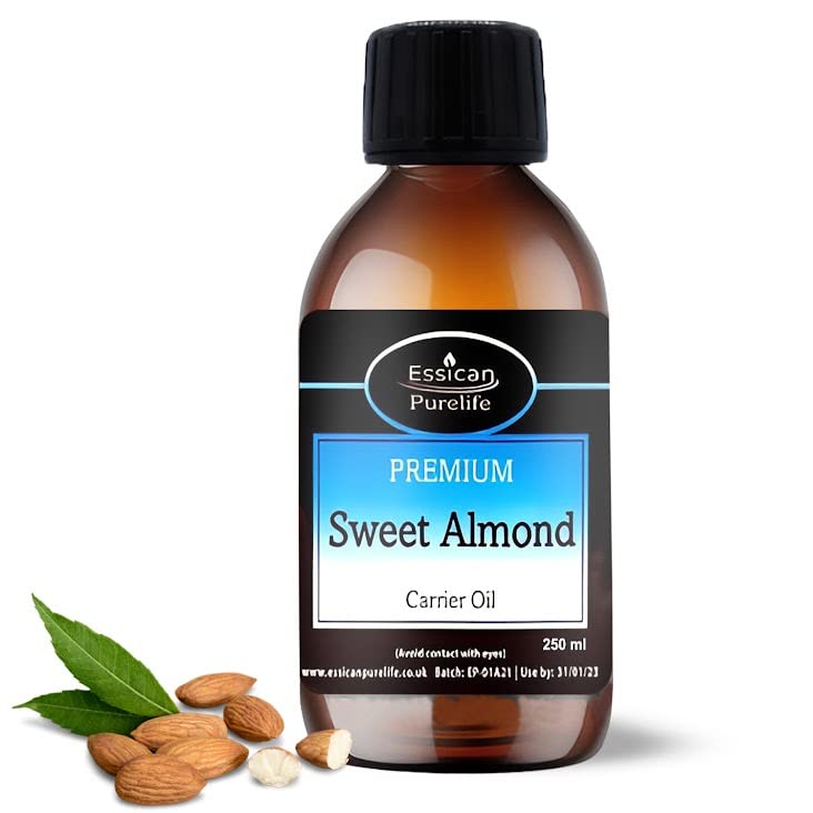 Essican Purelife, Pure Sweet Almond Oil for Hair, 250ml Cold Pressed Almond Oils for Massage, Carrier Oil for Essential Oils Mixing Ideal for Massage, Moisturising Face, Skin, Ear, Body, Cruelty-Free