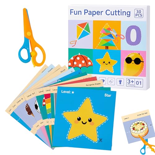 NiceNaiils ciseaux de sécurité pour enfants 30 feuilles de papier, Kit d'activités de découpe de papier amusant, Pour la maternelle, la crèche, la crèche, le bricolage, les jouets éducatifs(A)