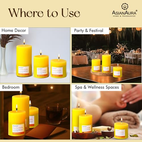 Image of ASIAN AURA Ribbed Pillar Candles - Pack of 3 | Scented Candles for Home Decor, Gifting & Festive Use | Long Burn time up to 36hrs | Clean-Burning Wax & Smokeless Flame (Bourbon Vanilla)
