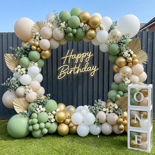 Image of RUBFAC Sage Green White Gold Balloon Garland Arch Kit 129pcs Different Sizes Pack of 18 12 10 5 Inch, Latex Sand White Cream Confetti Gold Balloon Garland Arch Kit for Birthday Engagement Wedding