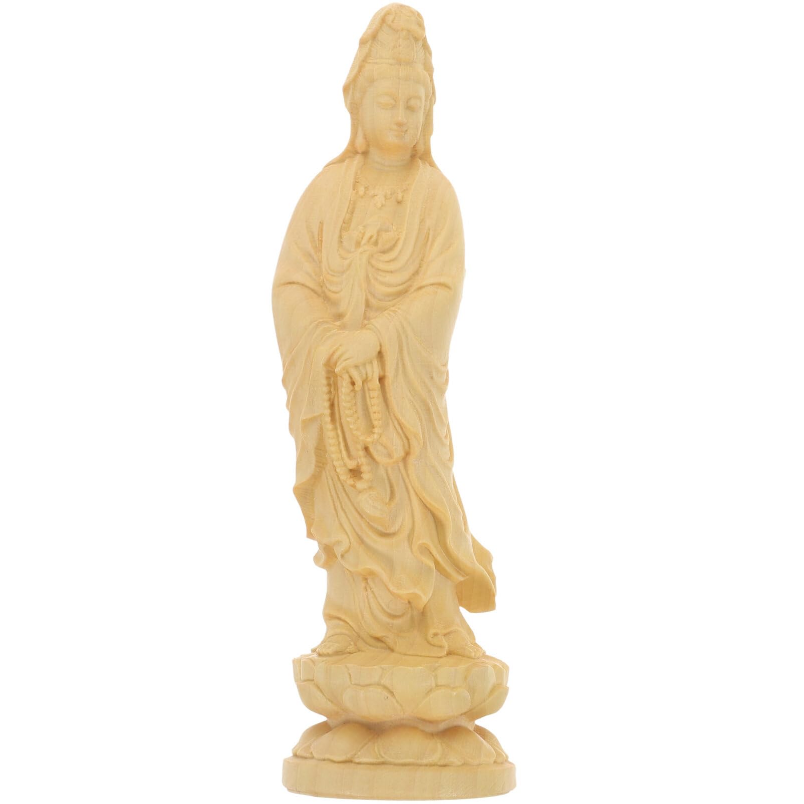 PRETYZOOMTop Collection Water & Moon Quan Yin 4.7 inch Guan Yin Goddess Chinese Style Sculpture Hand Carved Boxwood Female Buddha Buddhist Decoration