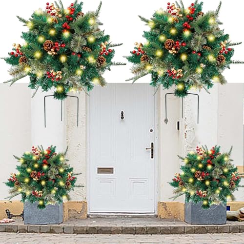 Lighted Artificial Christmas Pot Filler Upgrade Faux Christmas Urn Fillers with Lights for Outdoor Holiday Flowers Planter Filler Easy Xmas Planter Container Fillers Outdoor Front Porch Pot Filler (1)