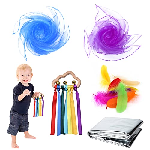 Image of KASURE 14PCS Baby Sensory Set with Baby Sensory Foil Blanket Rainbow Ribbon Rattle Toy Multi-Coloured Feathers and Scarf, Sensory Toys for Babies Early Learning Gift for 0 3 6 9 12 Months