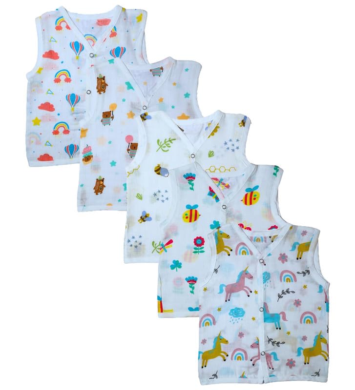 gmr Organic Cotton Muslin Button Sleeveless Jabla Assorted Pack of 5 for Boys & Girls-picture-36