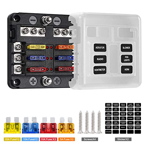 Deyooxi caja fusibles 12v,portafusibles con Lámpara de Alerta LED Kit,porta fusibles coche con Bus Negativo para Coche, Barco, Marino, Triciclo, Furgoneta,SUV 12V/24V(Estilo 2-6-circ con Neg & Cover)