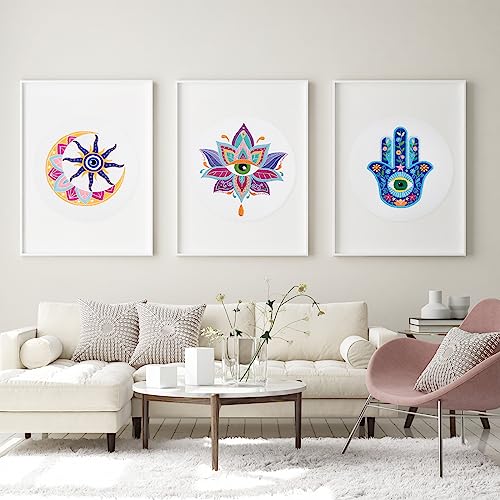 Image of Louise Maelys 3 Set Tarot Evil Eye Embroidery Kits for Beginners,Adults Starter Cross Stitch Kit DIY Needlepoint with Hamsa Hand Sun Moon louts Flower Pattern