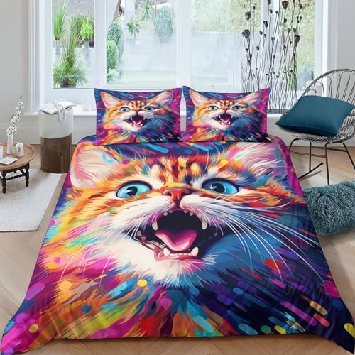 Housse de couette chat 3D anti-plis lit king parure microfibre facile à laver - 2