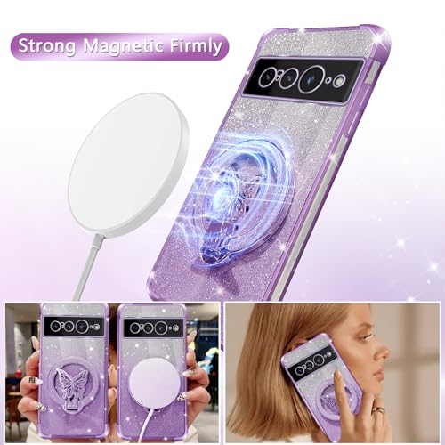 Tesazxcn for Google Pixel 7 Pro Case with Butterfly Stand Compatible with Magsafe, Women Girls Bling Luxury Glitter Clear Phone Case Shockproof Protective Cover for Google Pixel 7 Pro, Purple by Tesazxcn - Used condition - Image 3