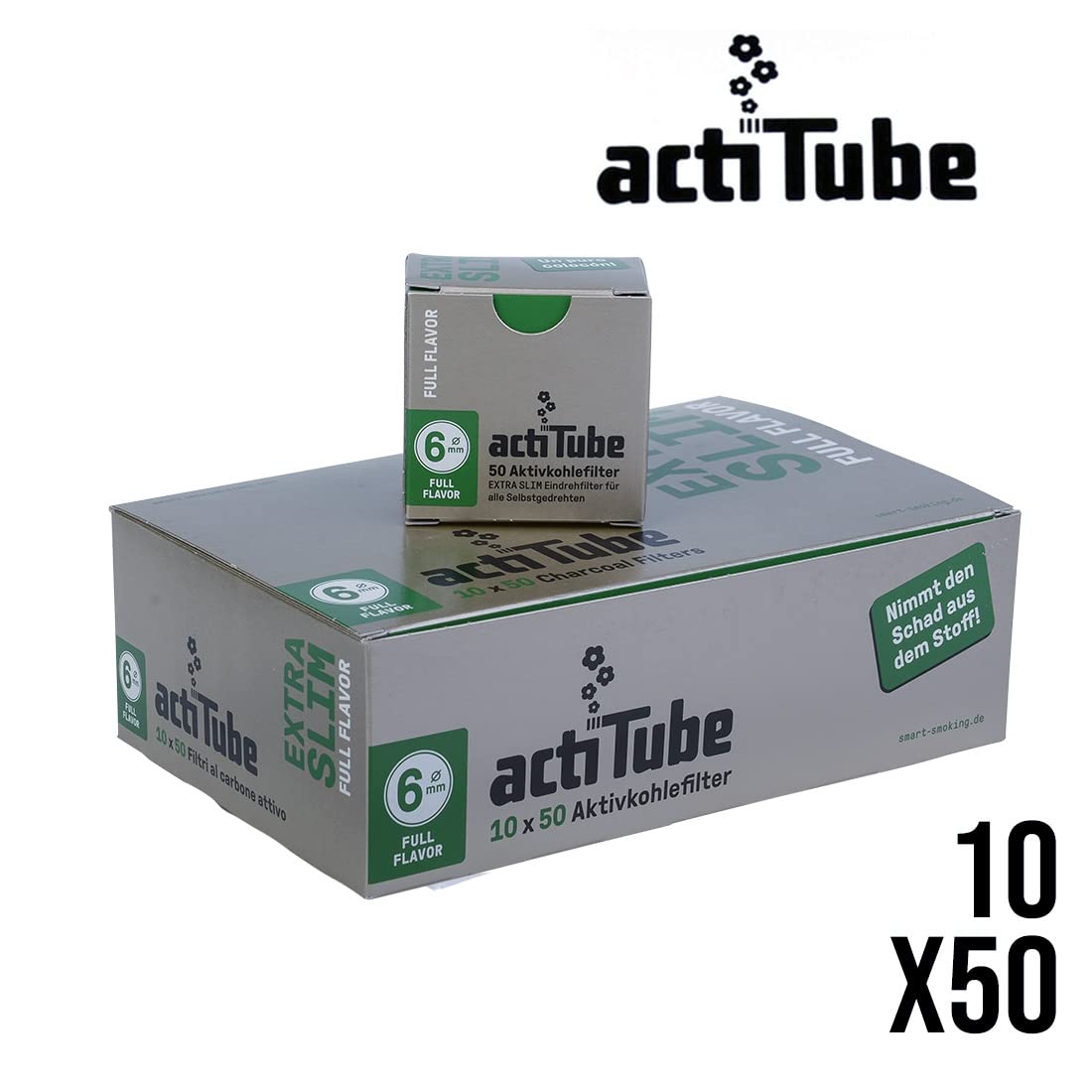 actiTube - Filtro de carbón activo extra delgado (6 mm de diámetro, 50 filtros por paquete, 1 pantalla (500 filtros)