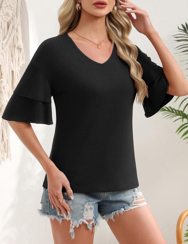 3/4 Length Sleeve Womens Tops Summer V-Neck Blouses Spring Ruffle Sleeve Tunic Casual T Shirts Bell Sleeve Cute Tee - Image 2