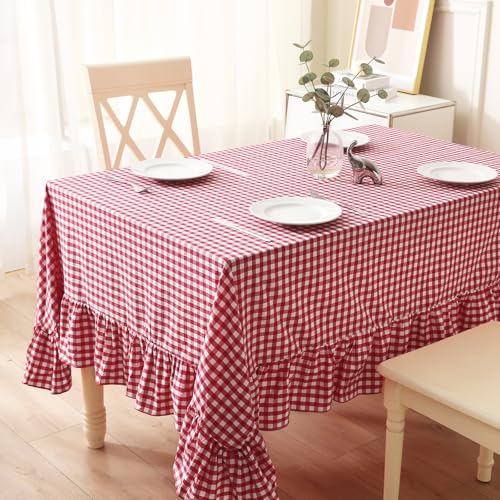 K MASANIJI Red Plaid Ruffled Table Cloth for Rectangle Table Seat 4-6, 100% Washed Cotton Classic Farmhouse Checker Gingham Vintage Decorative Tablecloth - 70"x52" by K MASANIJI - Used condition - US$26.99