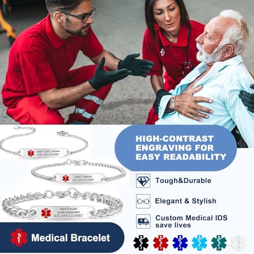 Custom Medical Alert ID Bracelets for Women & Men, Personalized ID Bracelets - 925 Sterling Silver/Stainless Steel Emergency Bracelet with Free Engraving, Adjustable 5 to 9.5 inches for Mother, Father2