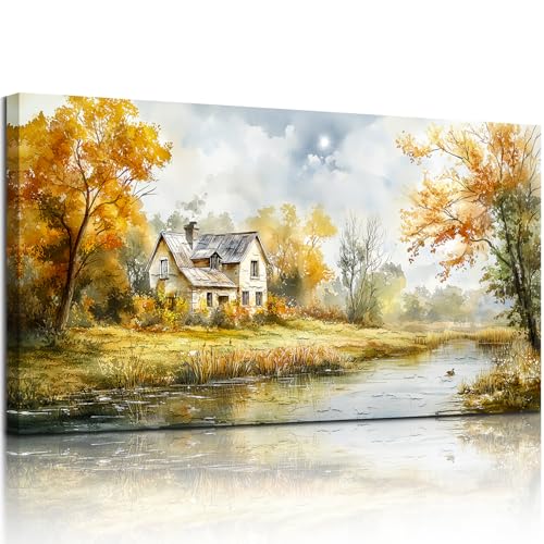 SERIMINO Autumn Nature Landscape Wall Art, Riverside Cottage Scenic Large Artwork, Rustic Farmhouse Oversized Wall Prints, Pastoral Canvas Paintings Wall Decor Living Room Bedroom Dining Room 30"X60"