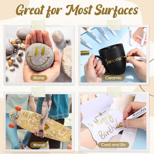 Image of Motiskyy 48 Pcs Metallic Permanent Markers Bulk Metallic Marker Pens Medium Tip Quick Dry Paint Pen for DIY Crafts Artist Illustration Gift Card Making(Gold)