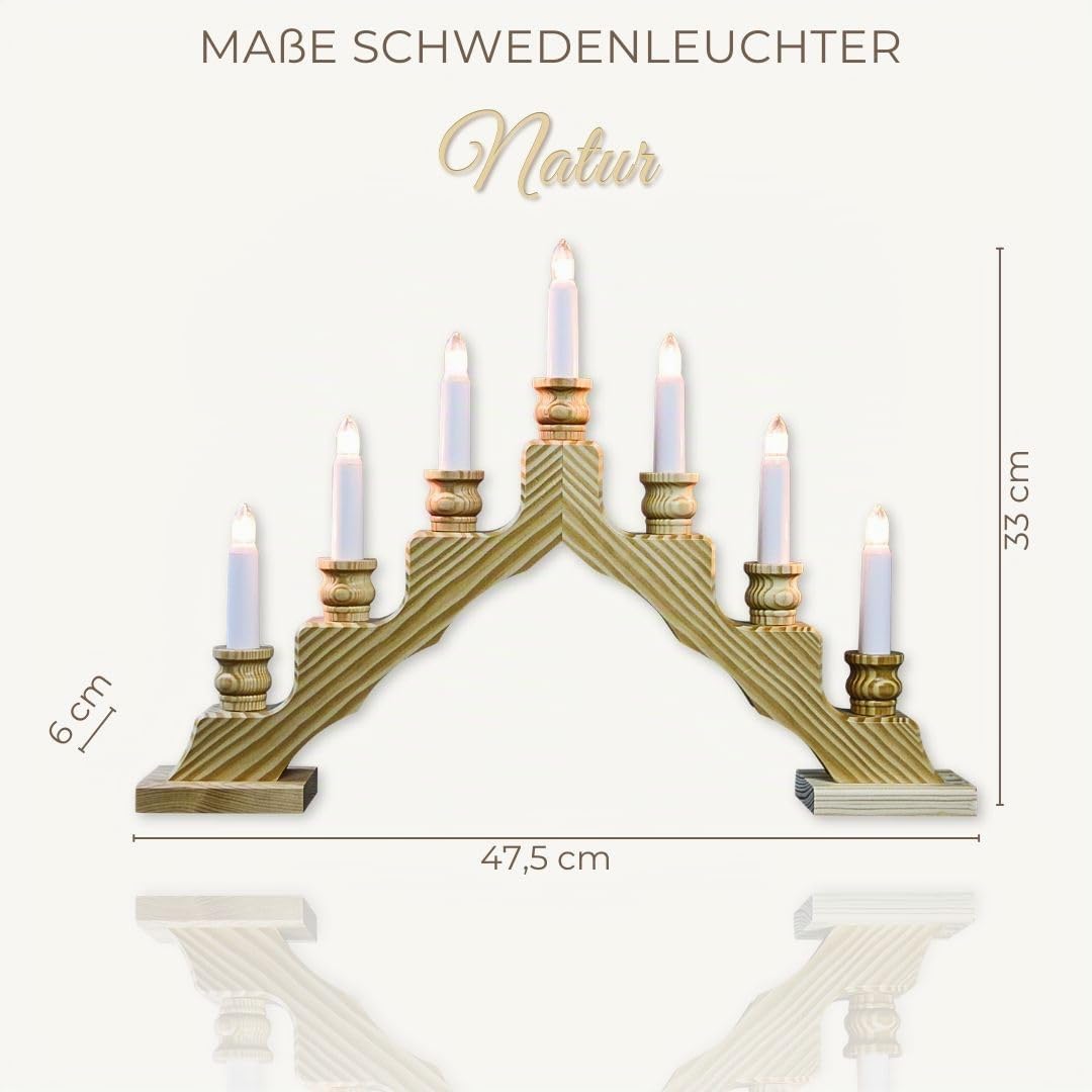 WEIGLA - Schwedenleuchter original Erzgebirge I Trendiger Schwede Natur I LED I Schwibbogen Weihnachten I 7 Lampenkerzen + 1 Ersatzlampe I 7 x 34 V, 0,2 W, E10 I Weihnachtsdeko innen I Kiefernholz