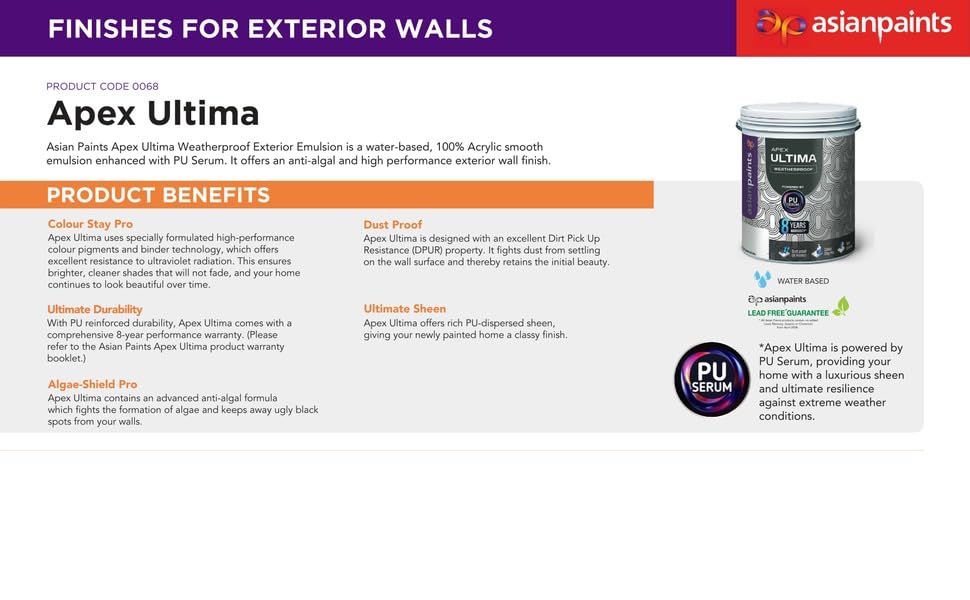Image of Asian Paint Apex Ultima Weatherproof Exterior Emulsion Premium Exterior Emulsion - Premium Weather Protection | Dust Resistant, Anti-Algal | 4 Liter (White)
