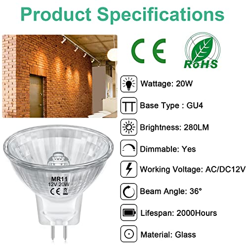 Mr11 Light Bulbs, 12V 20W Halogen Light Bulbs 2 Pin, Ftd Spotlight Bulb, Gu4 Bi-Pin Base, Dimmable, 2700K Warm White, 2 Prong Light Bulb For Landscape, Accent, Track Lights, Fiber Optics, 2Pcs #TOP1