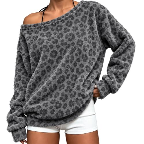 Leopard Print Sweatshirt Women Off Shoulder Oversized Fleece Pullover Tops — view 2