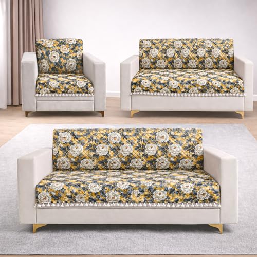 Image of Homerz Premium Printed Quilted Velvet Sofa Slip Cover Protector with Tassels, Sofa Mat, Exact Size, Antislip Cover (Antique Garden, 6 (3+2+1) Seater, Full)