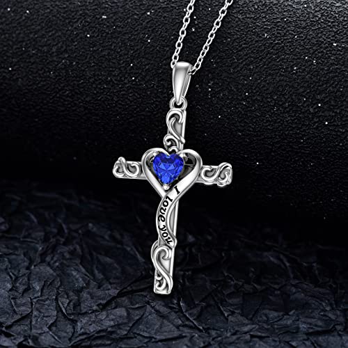 TOUPOP Birthstone Cross Necklace for Women 925 Sterling Silver Heart Cross Pendant Necklace I Love You Jewelry Anniversary Birthday Christmas Gifts for Her Mom Wife Girlfriend3