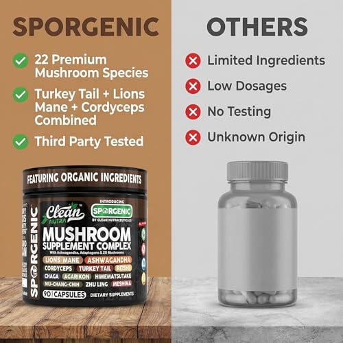 Organic Mushroom Supplement | Ashwagandha Lions Mane Cordyceps Turkey Tail Reishi Mushrooms Maca Root Black Hoof Chaga Tremella Agarikon Shiitake Oyster Powder Capsules Sporgenic By Clean Nutra (1) - Image 8