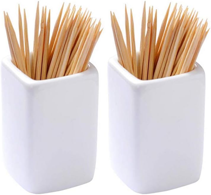 Sizikato 2-Pack Pure White Square Ceramic Toothpick Holders - Premium Porcelain Dispensers, Easy Clean for Home & Kitchen