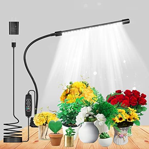 Grow Lights for Indoor Plants Growing, 6500K White LED Grow Light Lamp, 9 Dimmable Settings, Plant Growth Lamp for Indoor Plants with White Spectrum, Adjustable Gooseneck, 3/9/12H Timer (Silver)