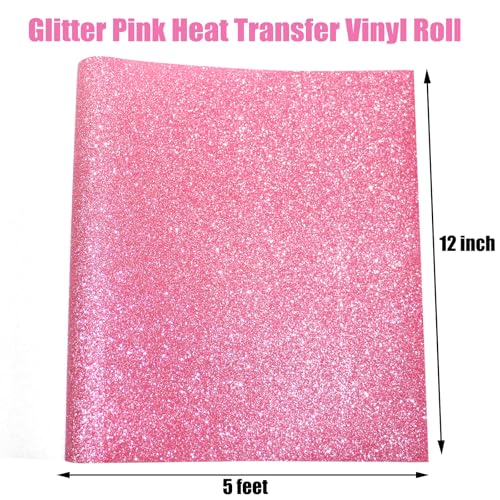 Image of Pink Glitter Heat Transfer Vinyl Pink Glitter Vinyl Glitter HTV Vinyl Rolls Pack 12 Inch x 5 Feet Iron on Vinyl for Cricut T-Shirts DIY Design, Silhouette Cameo & Heat Press Machine