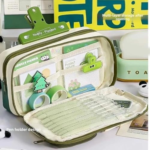 Image of Multi-Compartment Pencil Pouch Large Capacity Pen Case with Zipper & Buckle Pocket, Durable Canvas Stationery Organizer for School Office Travel, Stylish Storage Case (Green Happy Every Day)