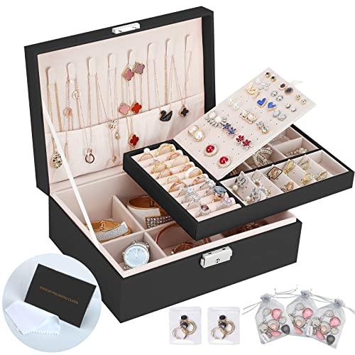 Jewelry Boxes for Women Girls 2 Layers Jewelry Organizer Box leather Jewelry Case with Lock Jewelry Storage Box Removable Tray for Necklace Earring Ring with Polishing Cloth and 5 PCS Jewelry Bags