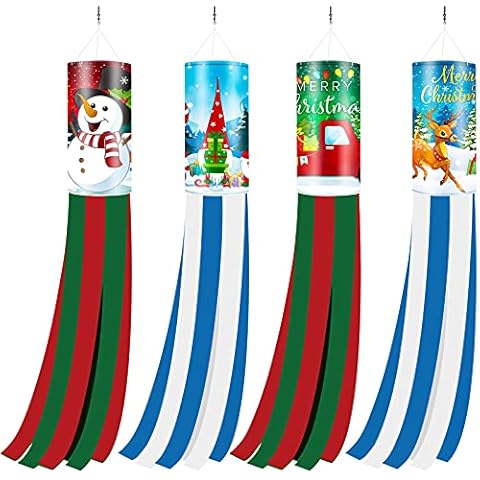 Tiamon Christmas Windsock 4 Pieces Xmas Santa Snowman Christmas Wind Sock Winter Christmas Windsock Flag Outdoor Hanging Decoration with Colorful Stripes for Holiday Garden Decoration, 40 Inch Cover