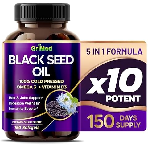 Black Seed Oil 15,070mg 100% Cold Pressed High Potency with Omega 3, Vitamin D3, and Vitamin E for Hair, Joint, and Digestion Support (150 Count (Pack of 1)) Cover