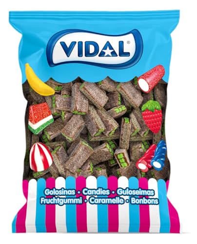 Vidal Golosinas. Ladrillos Rellenos Pica Cola. Regaliz en forma de ladrillo con sabor a cola y cobertura ácida. Textura masticable y divertida. Sin gluten ni grasa. Bolsa 250 u