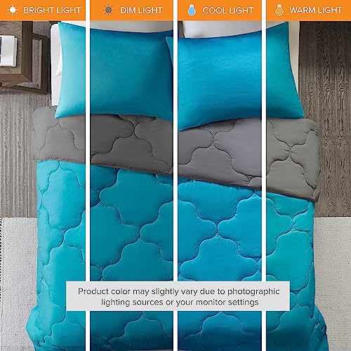 Image of Comfort Spaces Vixie Reversible Comforter Set - Trendy Casual Geometric Quilted Cover, All Season Down Alternative Cozy Bedding, Matching Sham, Teal /Charcoal, Twin /Twin XL 2 piece