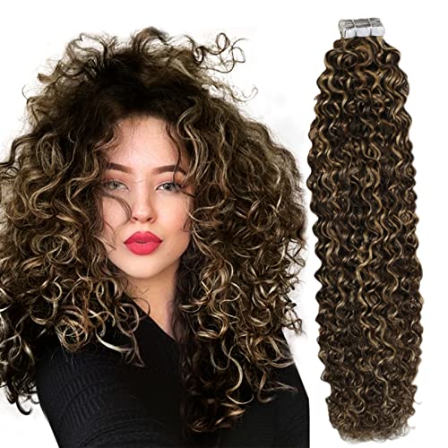 Ugeat Curly Tape in Hair Extensions Human Hair #P4/27 Dark Brown Highlight Caramel Blonde 14 Inch Kinky Curly Hair Extensions 50G/20Pieces Tape in Human Hair Extensions Invisible Hair