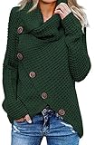 Asvivid Womens Chunky Turtle Cowl Neck Asymmetric Hem Wrap Button Winter Warm Cozy Knitted Pullover Sweaters M Green