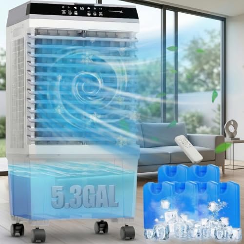 Image of YEW 32 inch Swamp Cooler Air Conditioner,1800 CFM Portable Evaporative Air Cooler,Cooling Fan for Room Garage Patio,5.3 Gal Water Tank,3 Speeds,6 Ice Boxes,12H Timer,Remote,Grey