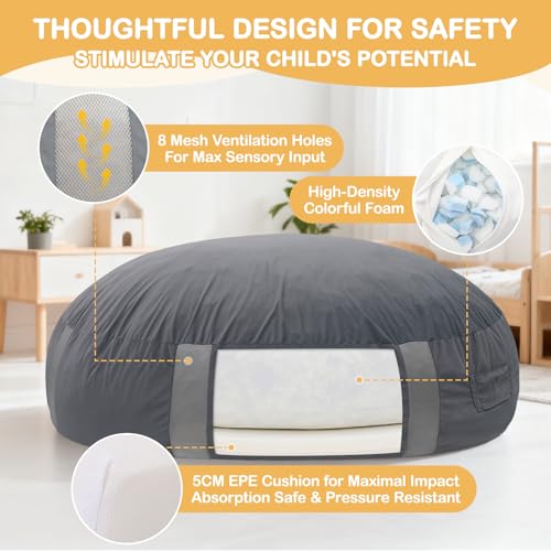 FINCOME Round Crash Pad 4FT/5FT Kid Sensory Pads with Epe Foam Gray Circle Crash Mat with Soft/Washable Cover Sensory Tool for Climbing Wall Playroom School Sensory Therapy - Thumbnail 2