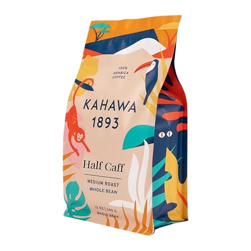 Kahawa 1893 HALF CAFF Café tostado fresco, grano entero, 12 onzas.