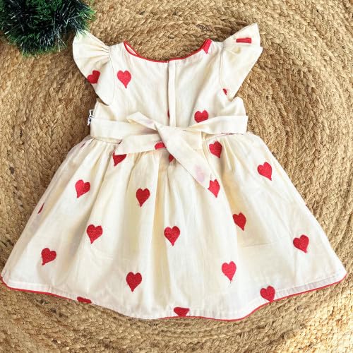 Image of Stanwells Kids Dress for Girls Heart Embroidery Pattern Knee Length Applique Kerala Ethnic Cotton Frock for Baby Girls Zipper Cap Sleeve Dress for Girls Cream & Red (6 Months - 7 Years)