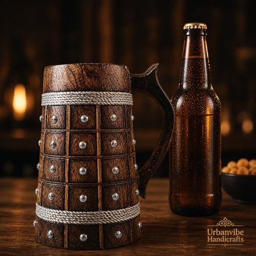 Image of Handmade Wooden Beer Mug, Wood with Sheesham Finish, Barrel Style, Lightweight & Durable, for Craft Beer, Home Bar, Cafe, Party, Gift(350ml) (Barfi with Studds)