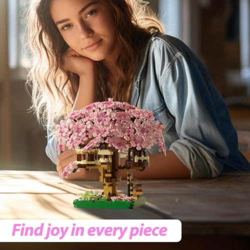 Image of SKY LINE OCEAN Cherry Blossom Tree House Building Set with LED (Complex only for 14+), 1113+ PCS Japanese Sakura Bonsai Mini Blocks, Kawaii Home Decor Gift Ages 14+, 5-Year Warranty