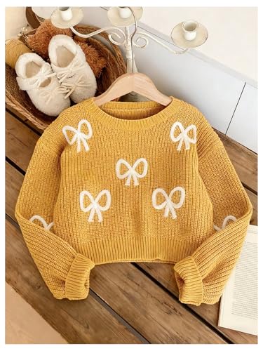 Image of BEAUDRM Girl's Cute Bow Sweater Crew Neck Long Sleeve Drop Shoulder Loose Pullover Tops