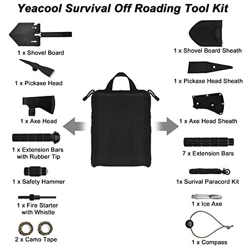 Yeacool Survival Shovel Tool, Tactical Folding Off-Roading Kit, Camping Axe Hatchet Multitool, Military Spade, Pick Mattock Pickaxe with Molle Carrying Bag, for Car Emergency Outdoor
