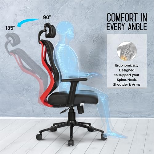 Image of Da URBAN Merlion Office Chair,High Back Mesh Ergonomic Home Office Desk Chair with 3 Years Warranty, Adjustable Armrests,Adjustable Lumbar Support,Tilt Lock Mechanism (Red)